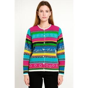 Vintage Susan Bristol‎ Women's Multicolor Cotton Fun Cardigan Sweater Size LP